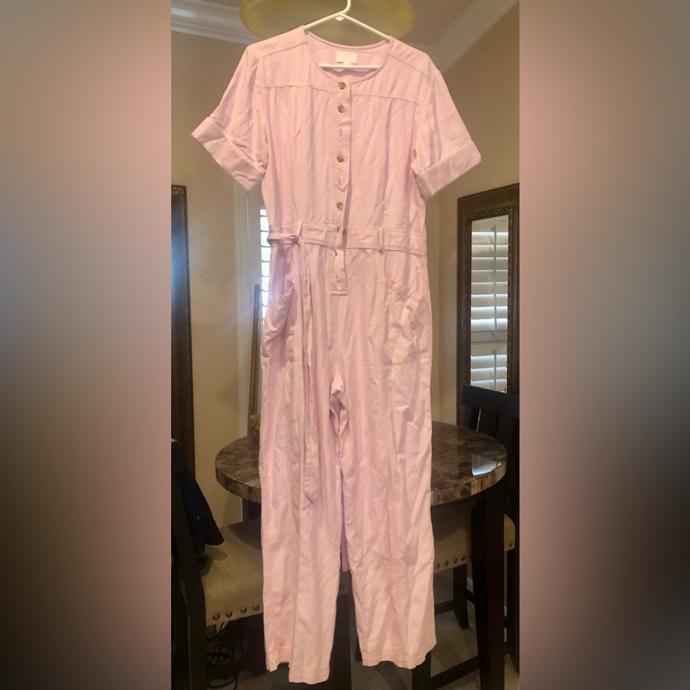 Light Pink Short-Sleeve Tie-Waist Jumpsuit